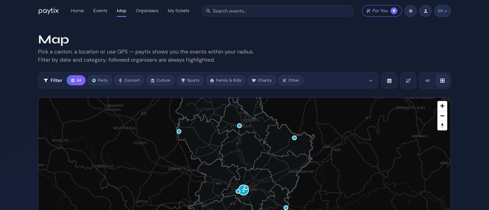 The Paytix discovery map: events across Luxembourg with filters by date and category